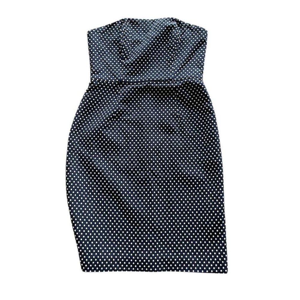 Blue & White, Strapless, Polka Dot Dress by Suzi Chin for Maggy Boutique.